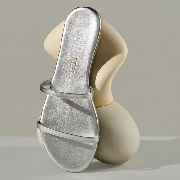 TKEES Gemma Metallic Silver Two Strap Flat Slide Sandal - Picture 5 of 14